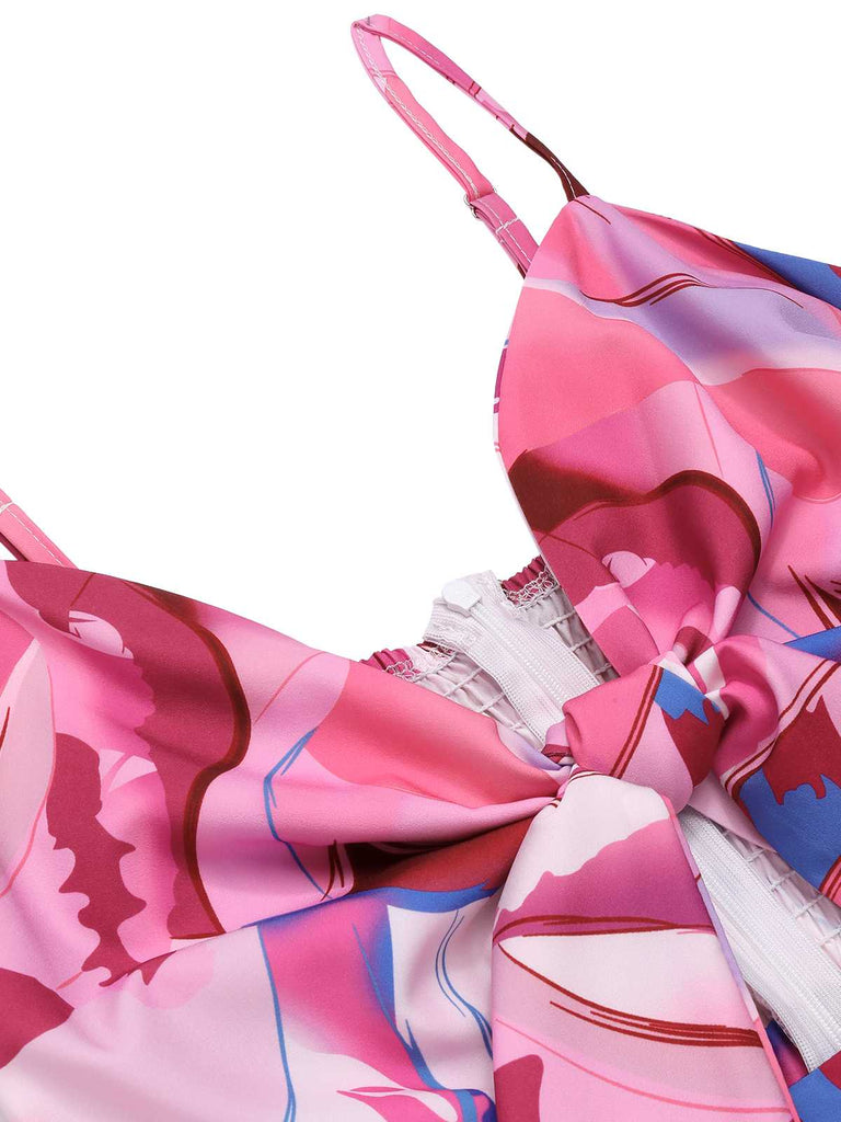 This Pink 1970s Strap Psychedelic Print Front-Tie Jumpsuit whispers 1970s secrets to those who notice