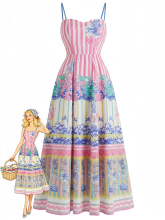 Pink 1970s Tropical Print Spaghetti Straps Maxi Dress, vintage dress, retro fashion - perfect for women who love vintage and retro fashion