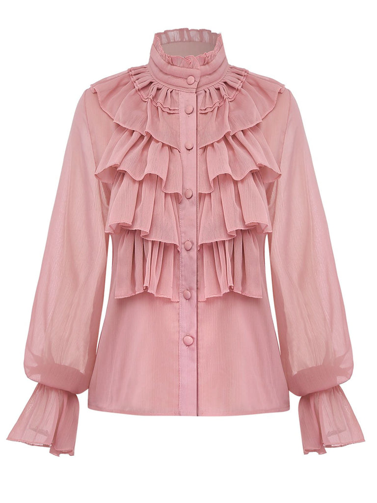 Pink 1980s Chiffon Ruffled High-Neck Blouse - vintage fashion, retro style