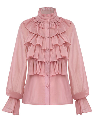 Pink 1980s Chiffon Ruffled High-Neck Blouse - vintage fashion, retro style