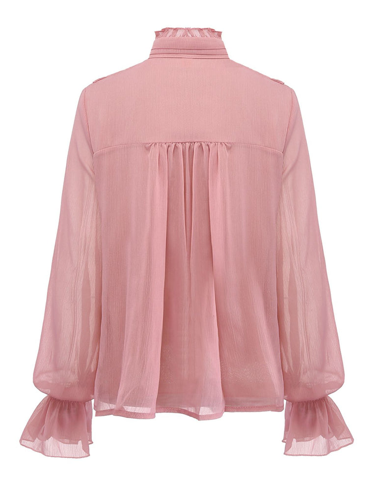 Pink 1980s Chiffon Ruffled High-Neck Blouse - vintage fashion, retro style