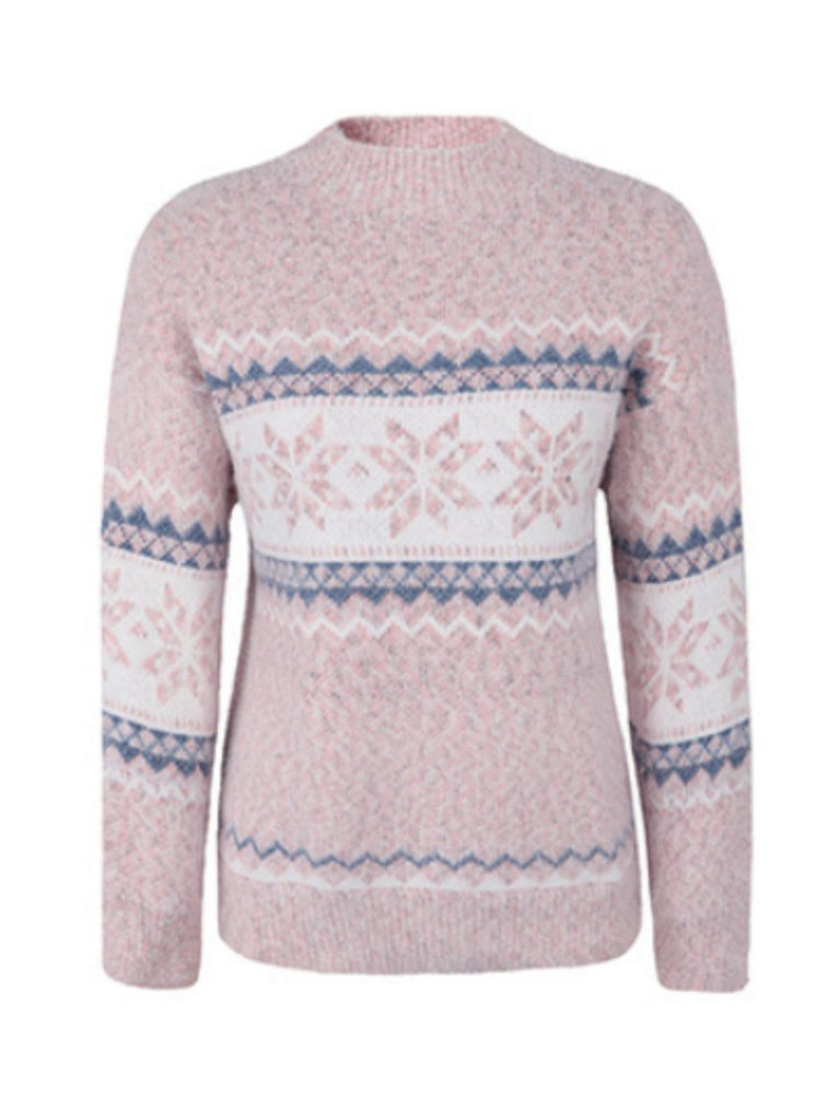 Pink 1980s Christmas Snowflake High-Neck Sweatshirt - vintage fashion, retro style
