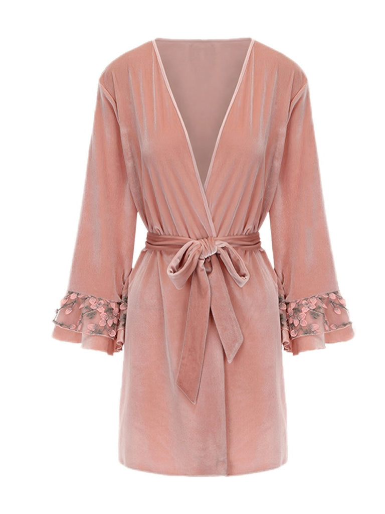 Pink 1980s Floral Cuff Velvet Belted Robe - vintage fashion, retro style