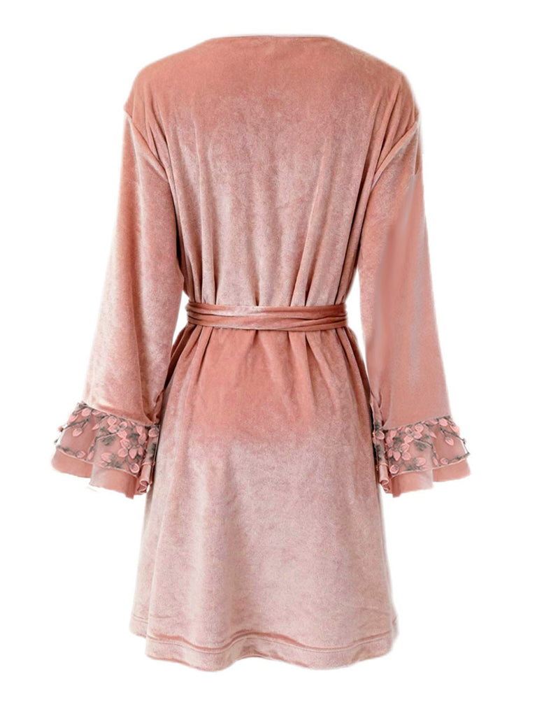 Pink 1980s Floral Cuff Velvet Belted Robe - vintage fashion, retro style