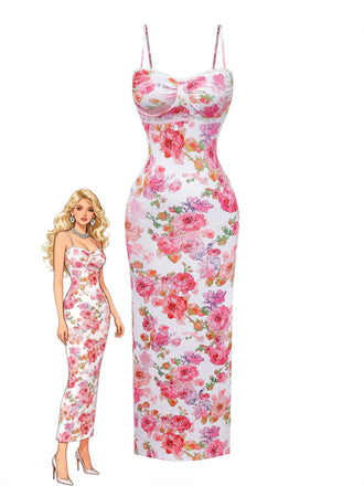 Pink 1980s Floral Print Slip Bodycon Maxi Dress - vintage dress, retro fashion