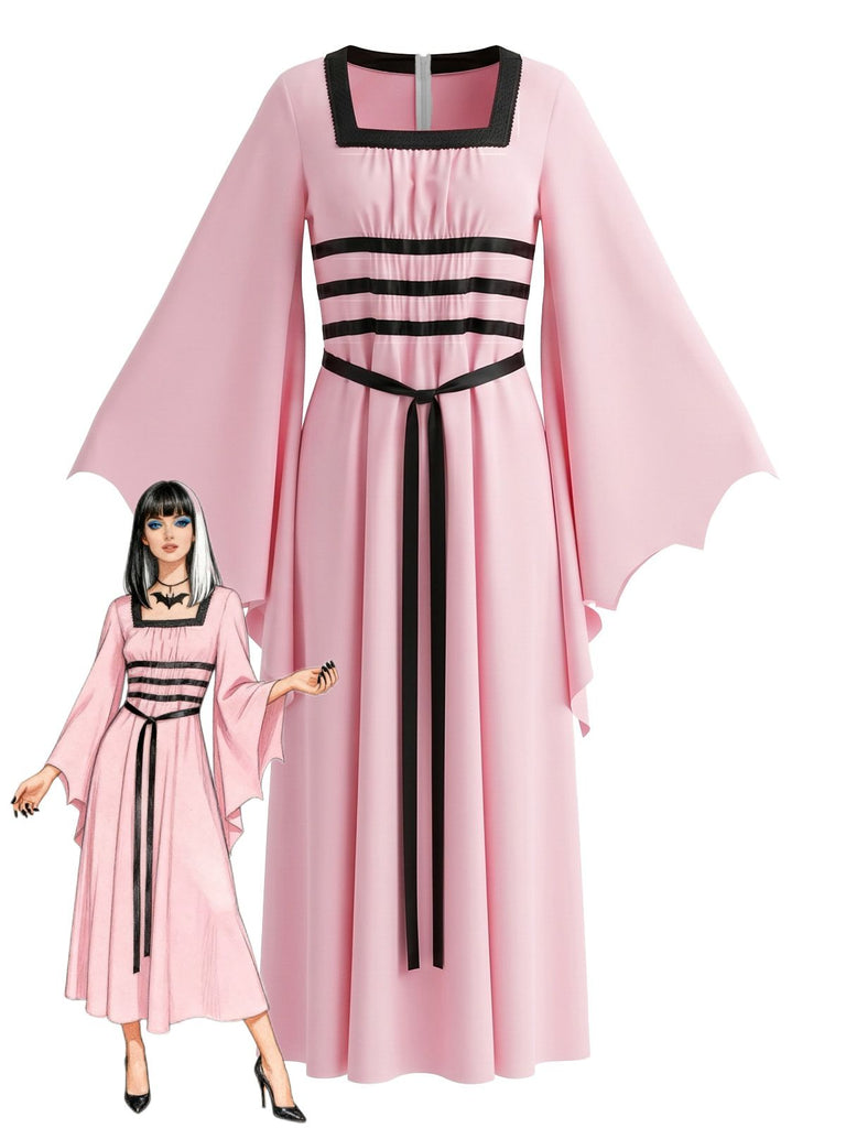 Pink 1980s Gothic Square Neck Batwing Sleeve Tie Dress, vintage dress, retro fashion - perfect for women who love vintage and retro fashion