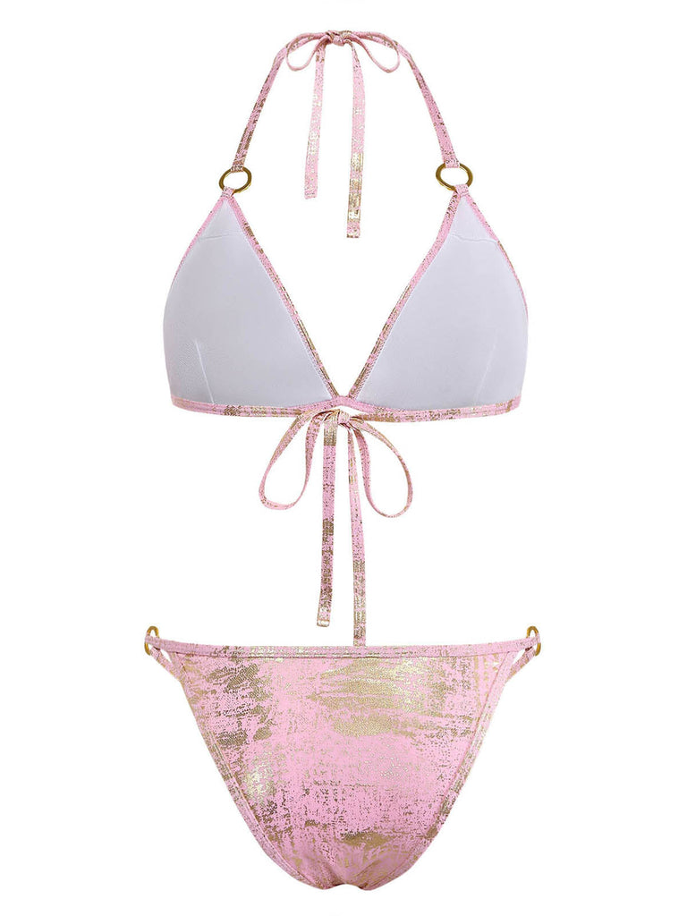 Pink-1980s-Metallic-Ring-Triangle-Halter-Bikini-Set, vintage, retro, swimwear