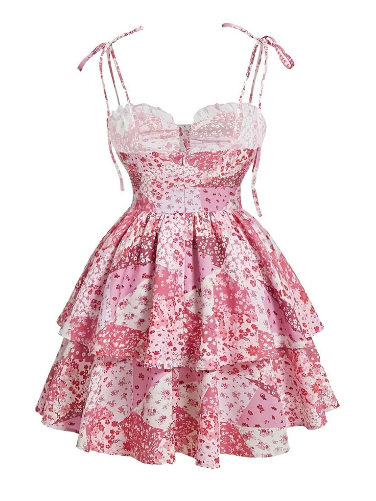 Pink 1980s Spaghetti Strap Ditsy Floral Tiered Dress: where 1980s romance meets her modern spirit