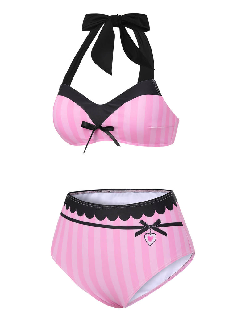 Pink & Black 1950s Stripe Halter Swimsuit, vintage swimsuit, pin-up swimwear - perfect for women who love vintage and retro fashion