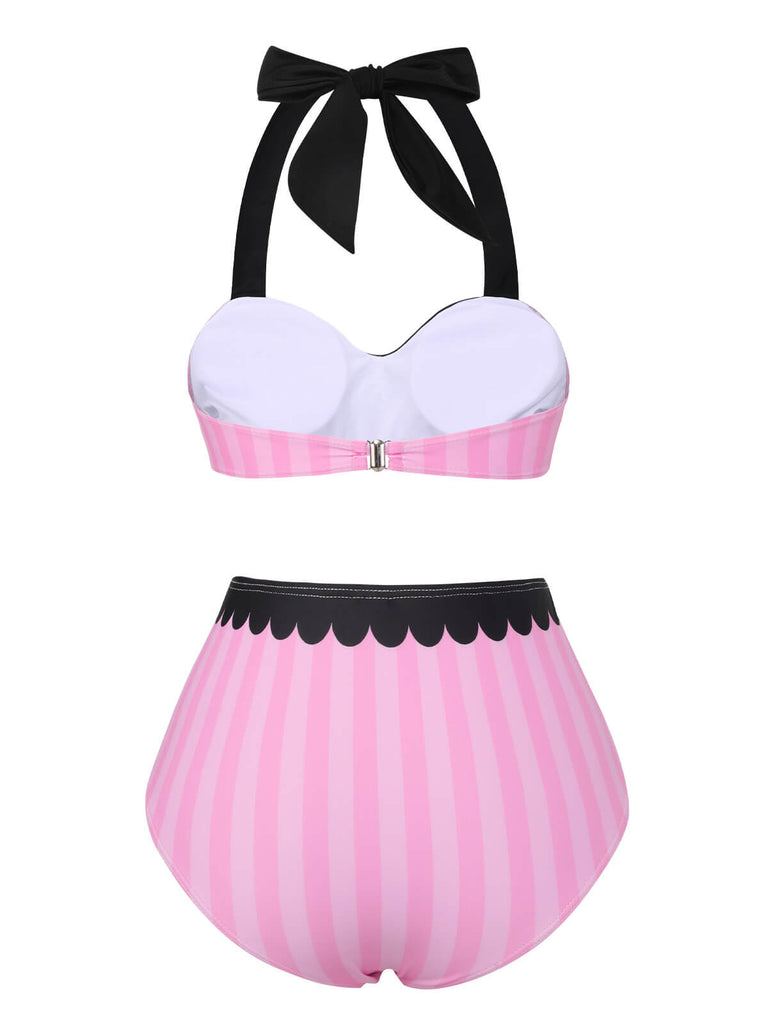 Pink & Black 1950s Stripe Halter Swimsuit, vintage swimsuit, pin-up swimwear - perfect for women who love vintage and retro fashion