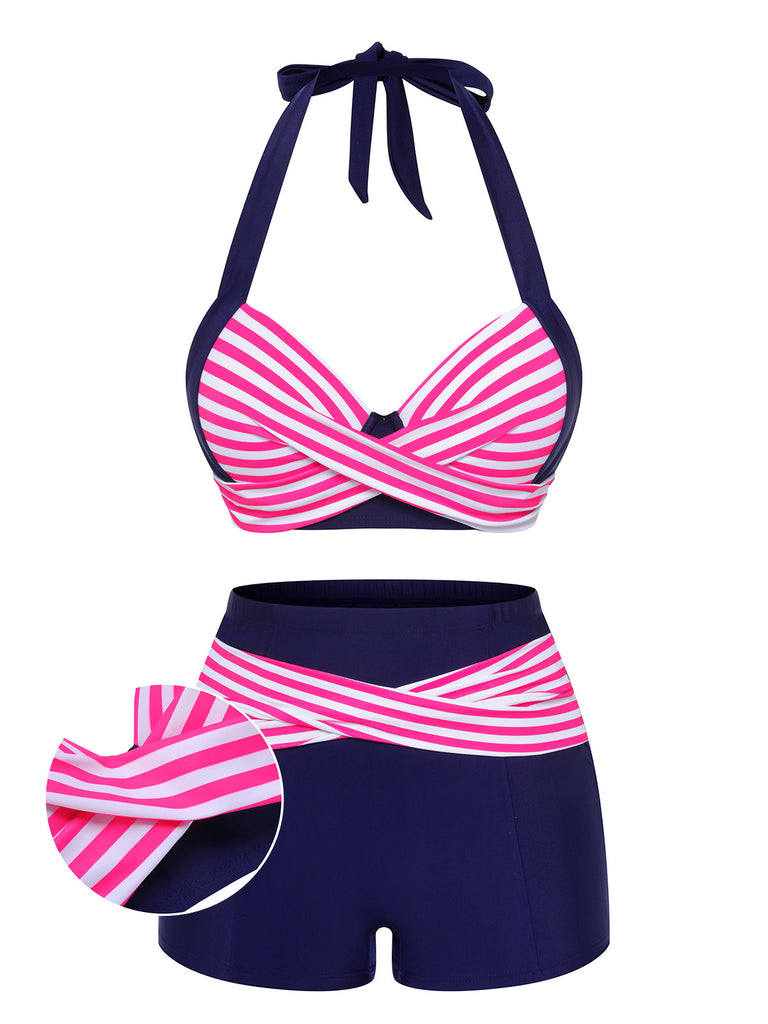 Pink & Blue 1950s Striped Halter Swimsuit: timeless style reimagined