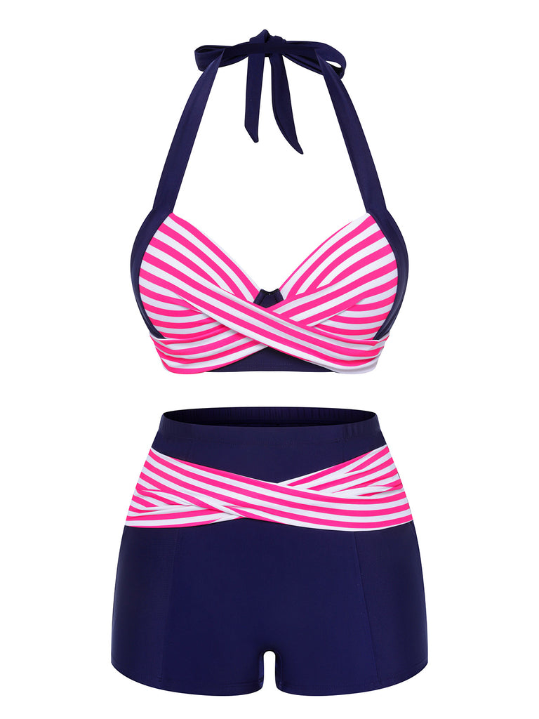 Pink & Blue 1950s Striped Halter Swimsuit — vintage elegance for the modern woman