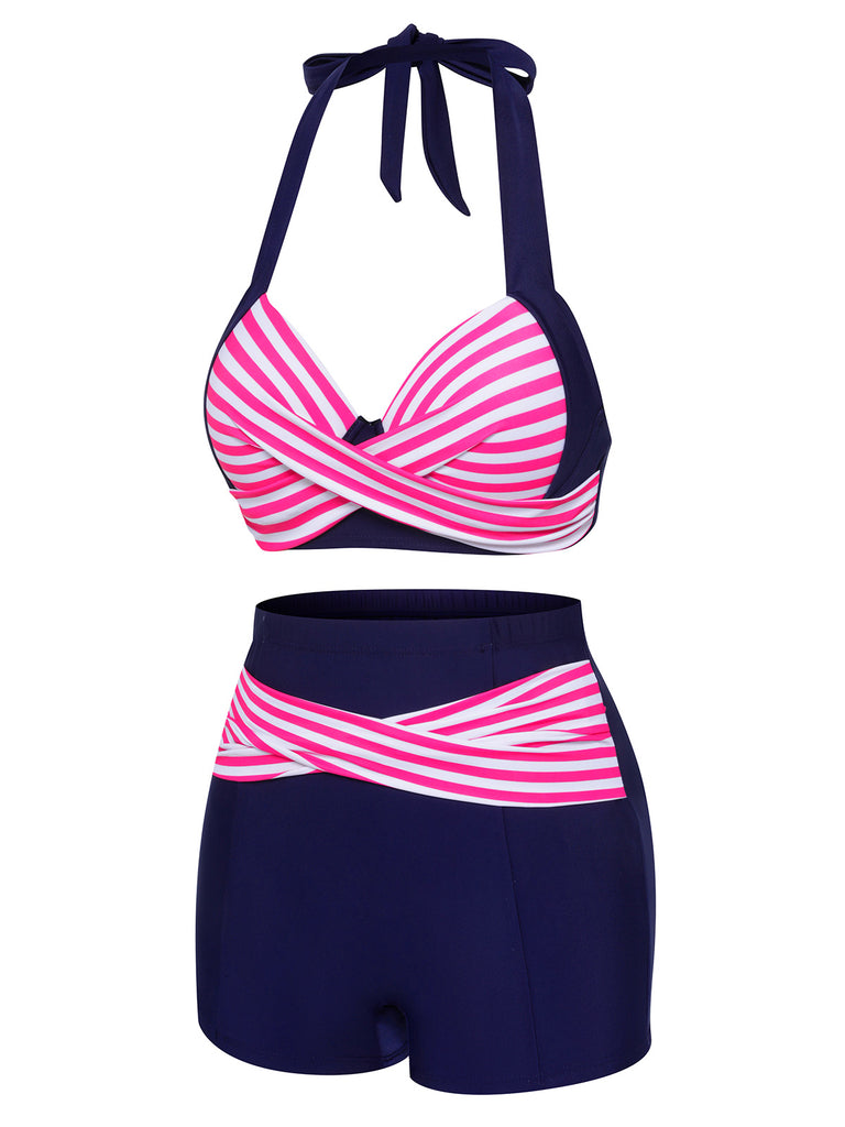 Pink & Blue 1950s Striped Halter Swimsuit: timeless style reimagined