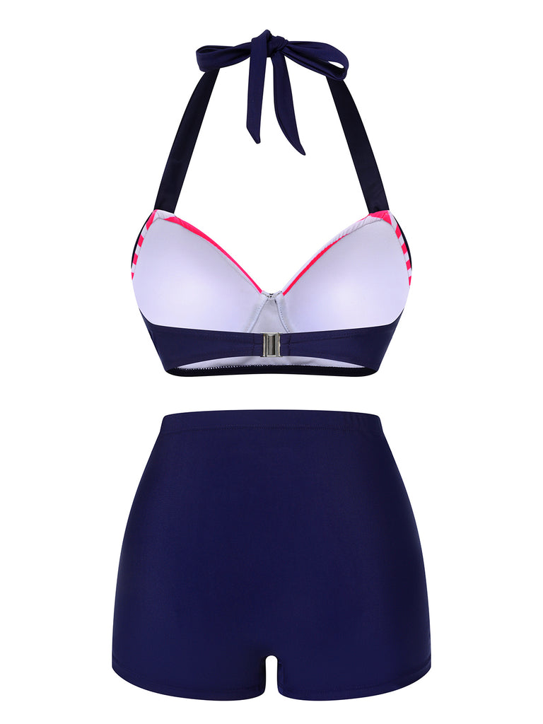 Pink & Blue 1950s Striped Halter Swimsuit — vintage elegance for the modern woman