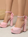 Pink Faux Suede Bow High Block Heel Shoes - vintage shoes, retro heels