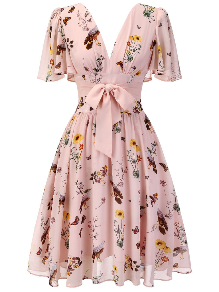 Pink Flowers And Birds Bowknot V-Neck Dress: timeless style reimagined