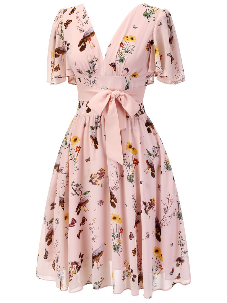 Pink Flowers And Birds Bowknot V-Neck Dress — vintage elegance for the modern woman