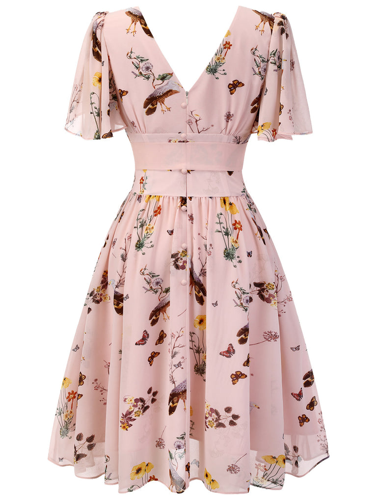 Pink Flowers And Birds Bowknot V-Neck Dress: timeless style reimagined