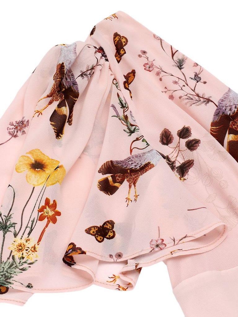 Pink Flowers And Birds Bowknot V-Neck Dress — vintage elegance for the modern woman
