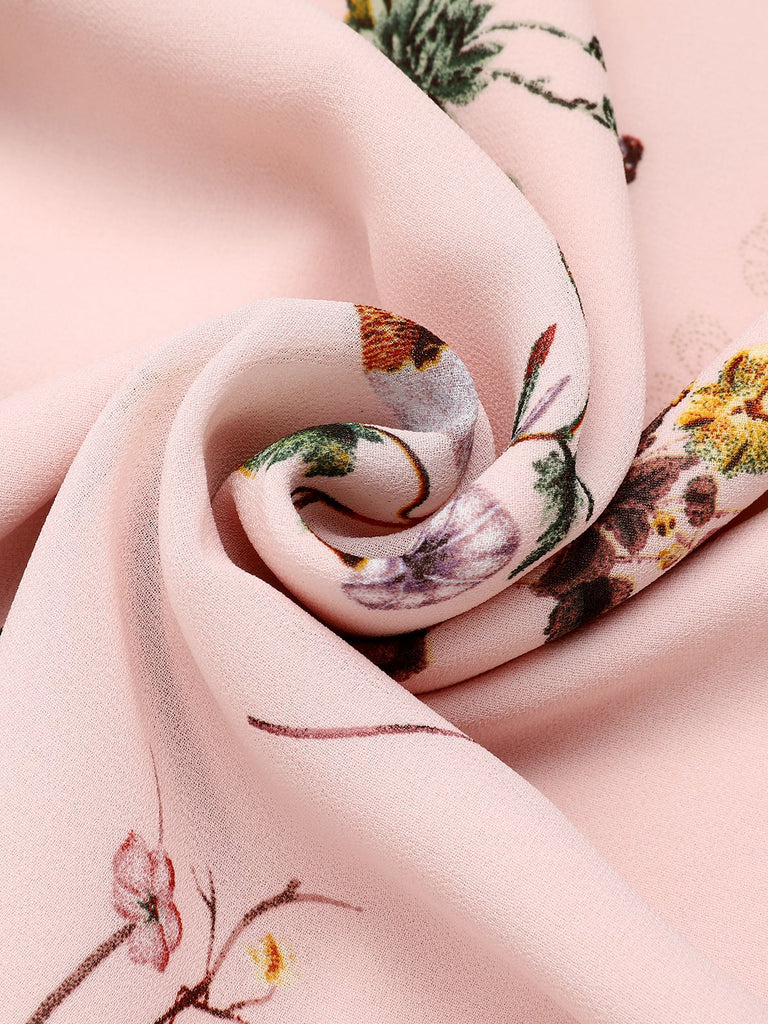 Pink Flowers And Birds Bowknot V-Neck Dress — vintage elegance for the modern woman