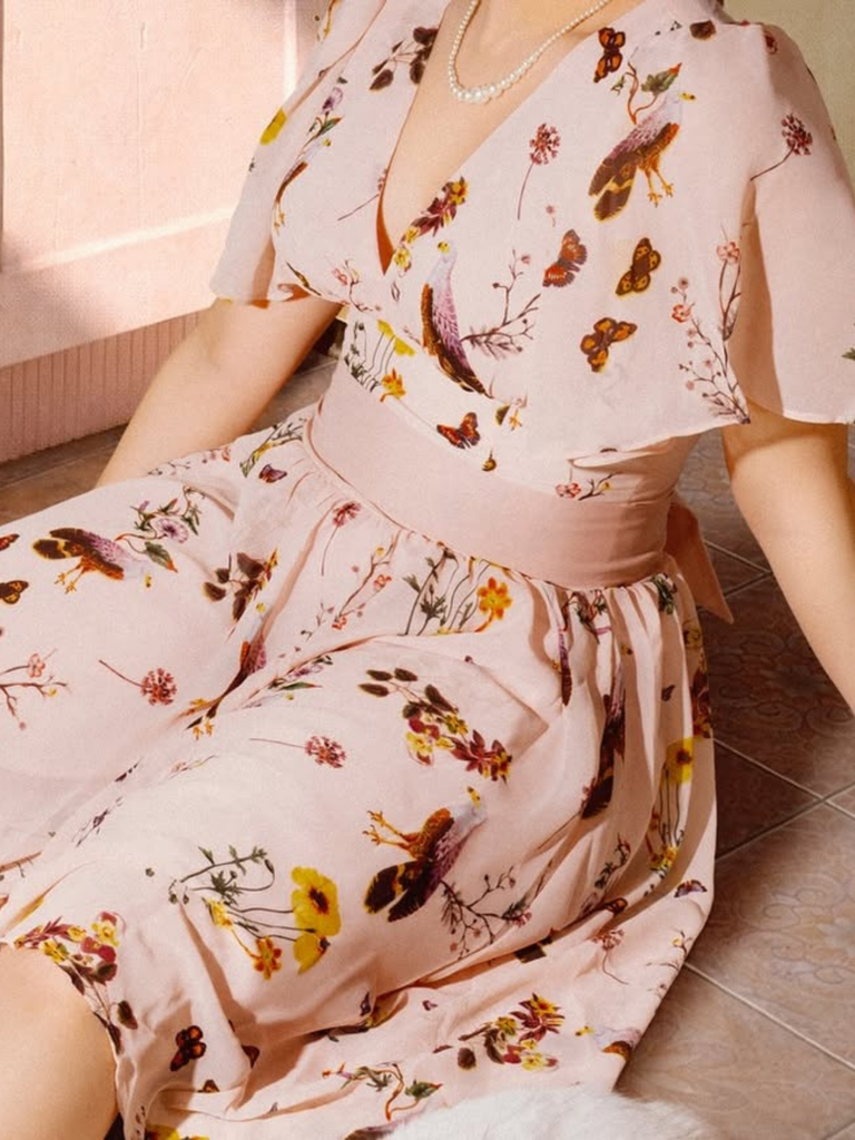 Pink Flowers And Birds Bowknot V-Neck Dress - vintage dress, retro fashion