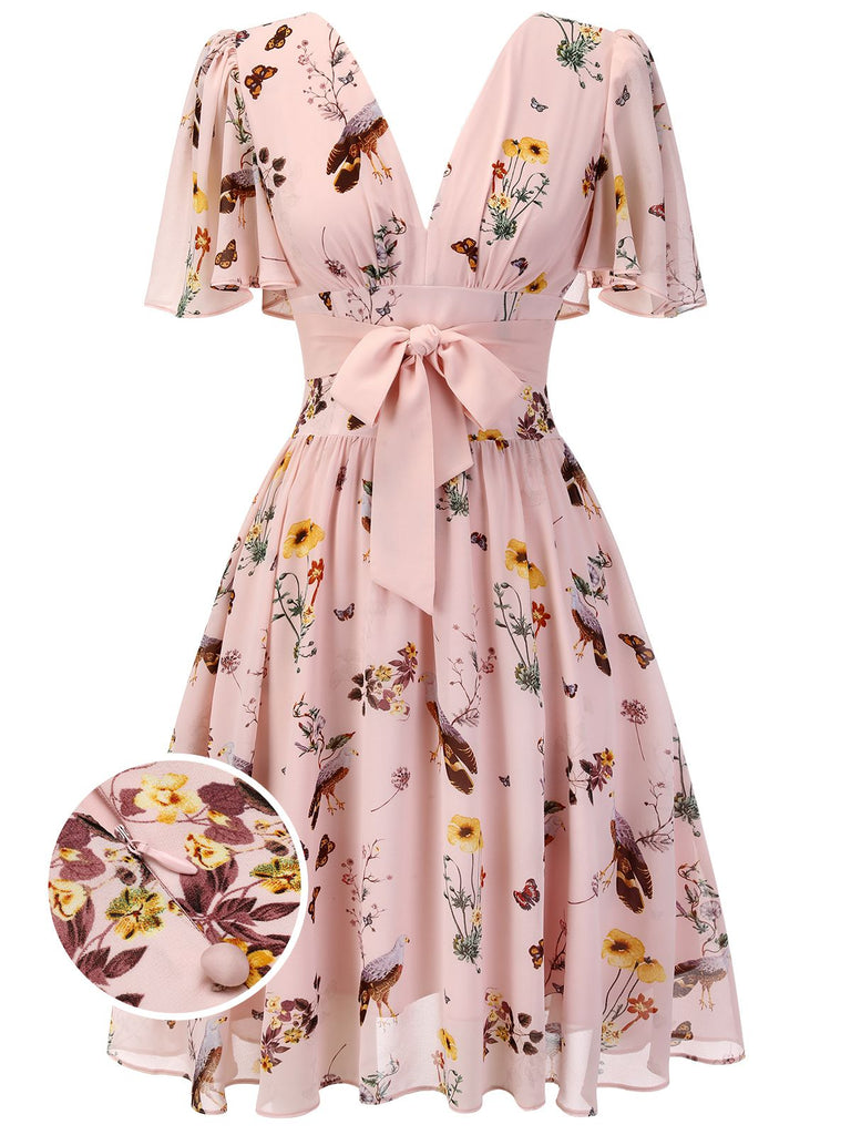 Pink Flowers And Birds Bowknot V-Neck Dress — vintage elegance for the modern woman