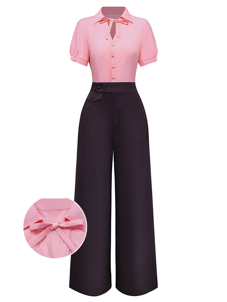 Pink & Gray 1930s Bow Collar Lapel Jumpsuit - vintage jumpsuit, retro fashion