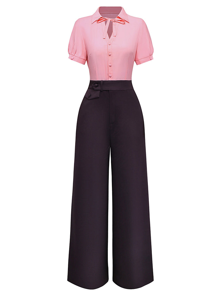Pink & Gray 1930s Bow Collar Lapel Jumpsuit - vintage jumpsuit, retro fashion