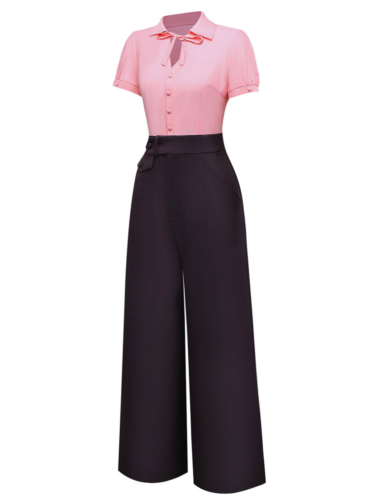 Pink & Gray 1930s Bow Collar Lapel Jumpsuit - vintage jumpsuit, retro fashion