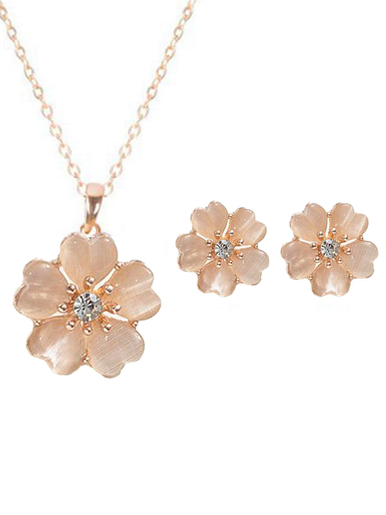 Pink Pendant Crystal Flower Necklace & Earrings Set - vintage fashion, retro style