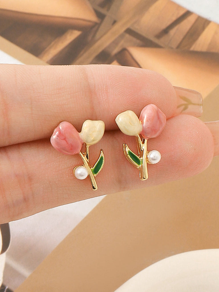 Pink Tulip Flower Pearl Stud Earrings - vintage fashion, retro style