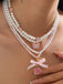 Pink & White Pearl Bow Butterfly Necklace Set - vintage fashion, retro style, pure white