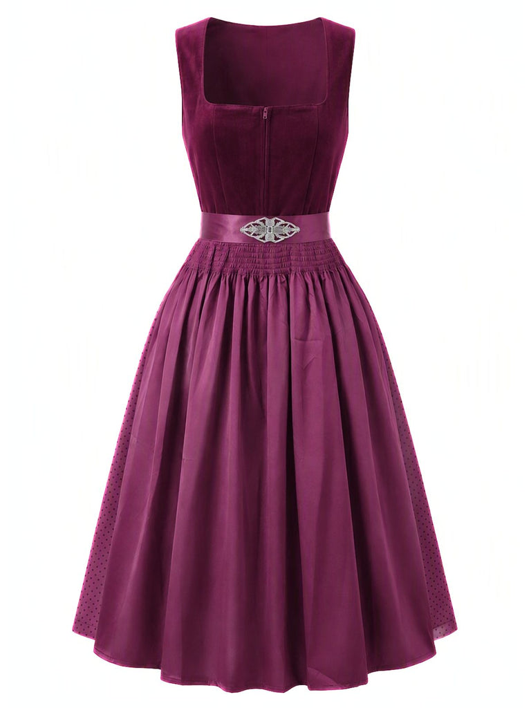 Plum 1950s Square Neck Velvet Polka Dot Dress & Apron, vintage dress, retro fashion, rockabilly, pin-up fashion - vintage inspired fashion