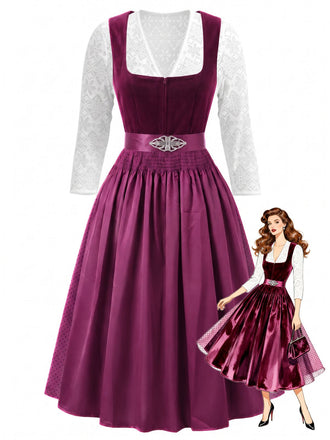Plum 1950s Square Neck Velvet Polka Dot Dress & Apron & Lace Top, vintage dress, retro fashion, rockabilly, pin-up fashion - vintage inspired fashion