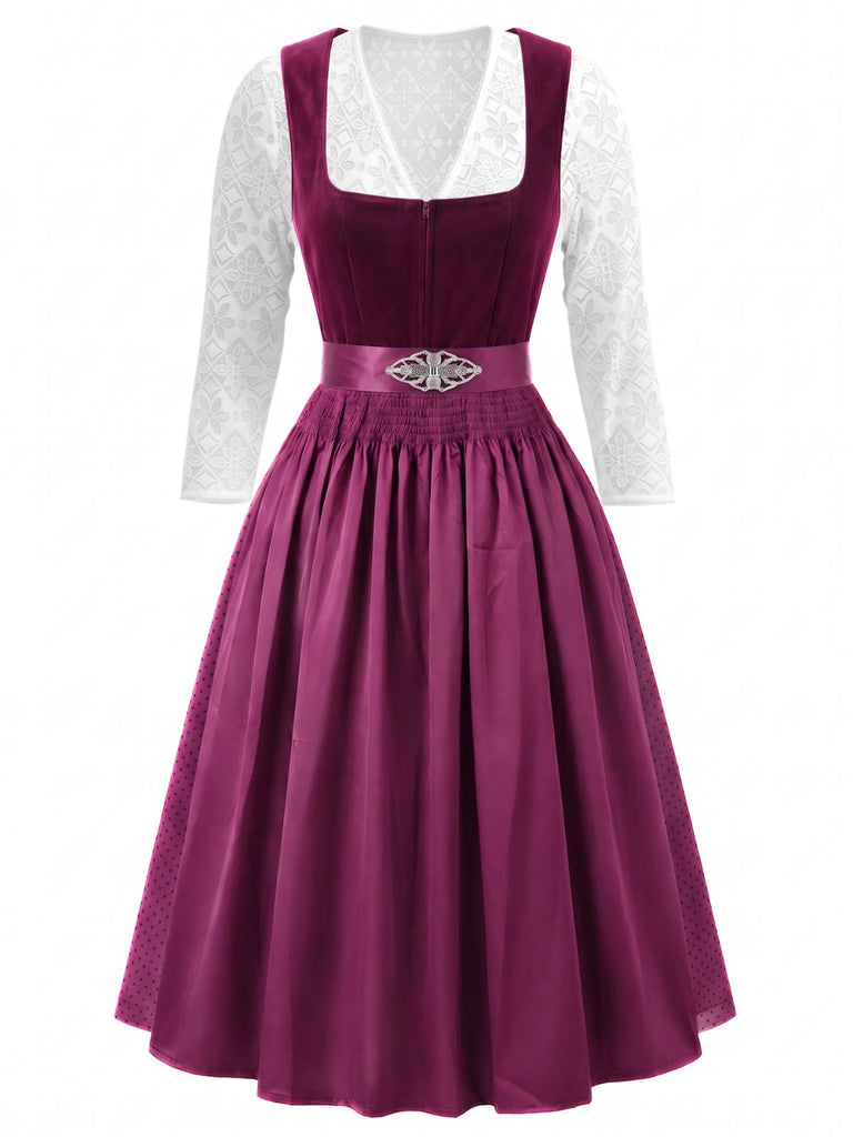 Plum 1950s Square Neck Velvet Polka Dot Dress & Apron & Lace Top, vintage dress, retro fashion, rockabilly, pin-up fashion - vintage inspired fashion