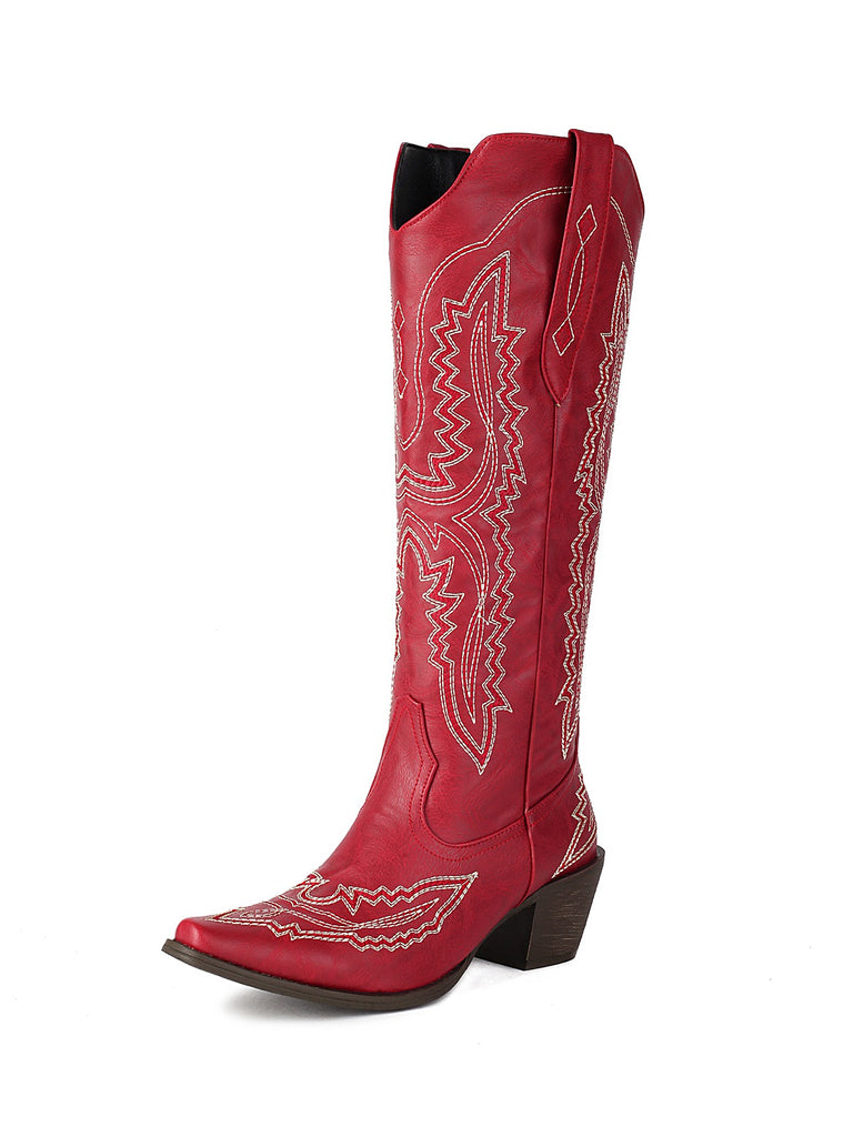 Pointed Embroidered Cowboy Knee-High Boots — vinta