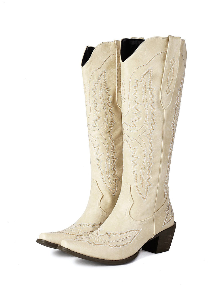 Pointed Embroidered Cowboy Knee-High Boots — vinta