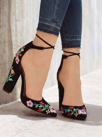 Pointed-Toe Embroidered Suede Chunky Heel Shoes - vintage shoes, retro heels, elegant red