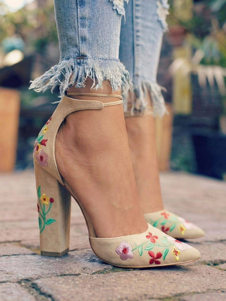 Pointed-Toe Embroidered Suede Chunky Heel Shoes - vintage shoes, retro heels, elegant red
