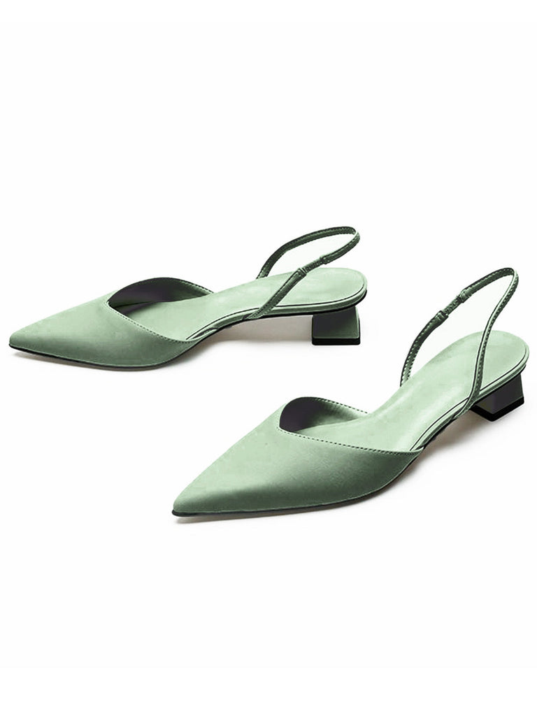Pointed-Toe Solid Slingback Strap Low Block Shoes - vintage shoes, retro heels for vintage lovers