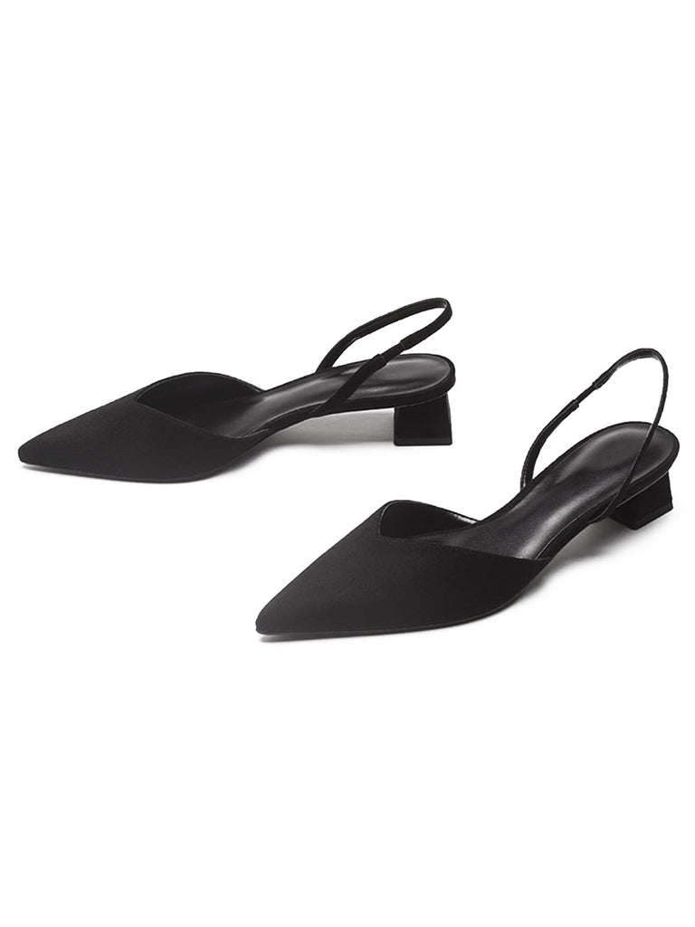 Pointed-Toe Solid Slingback Strap Low Block Shoes - vintage shoes, retro heels for vintage lovers