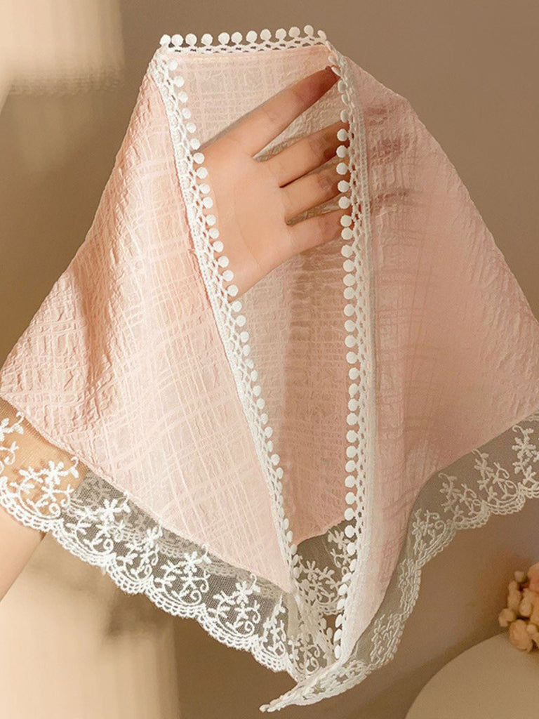 Pink Pom Pom Lace Trim Sheer Mesh Head Scarf, vintage fashion, retro style - perfect for women who love vintage and retro fashion