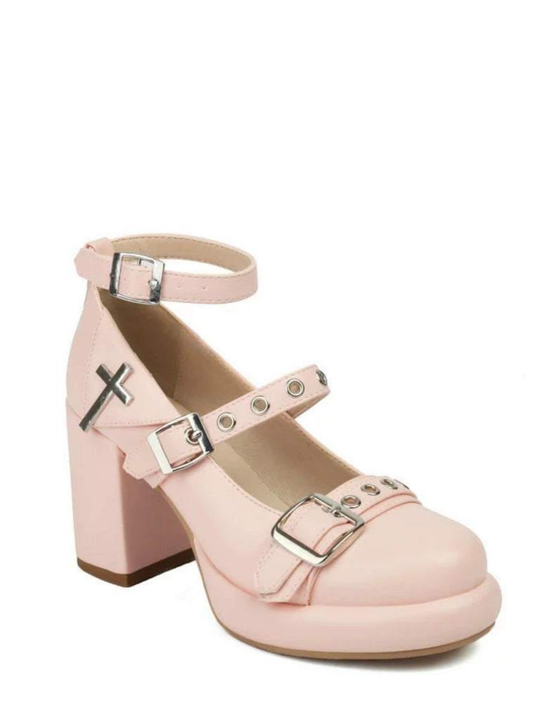 Punk Cross Buckle Ankle Strap Chunky High Heels - vintage shoes, retro heels