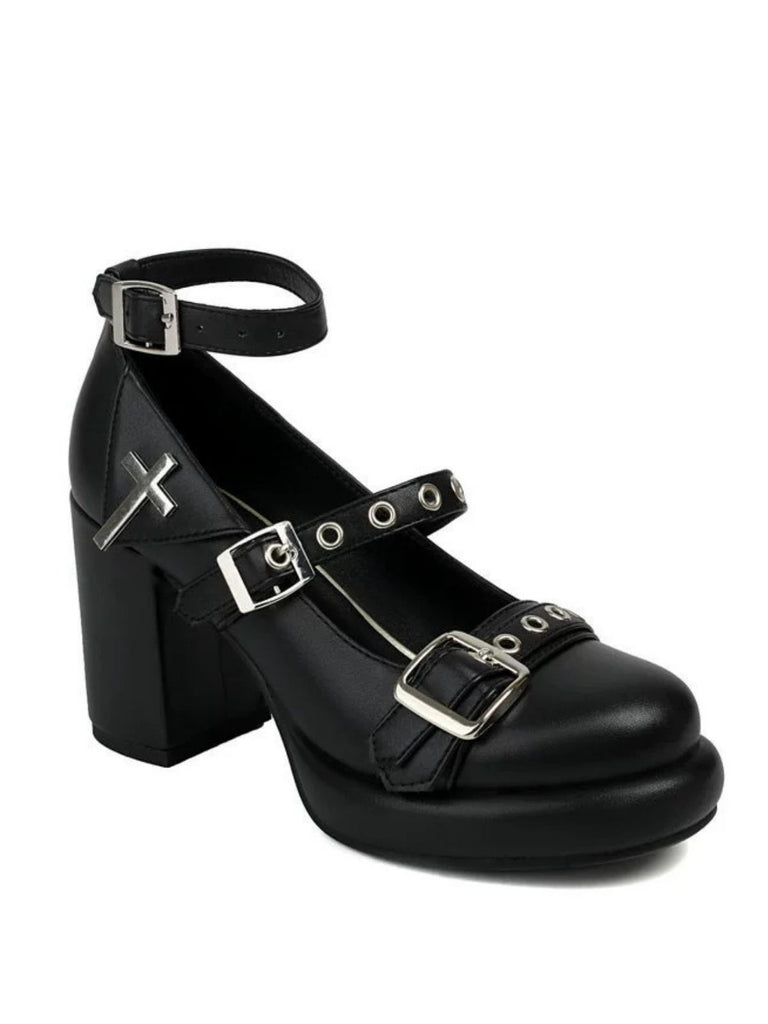Punk Cross Buckle Ankle Strap Chunky High Heels - vintage shoes, retro heels