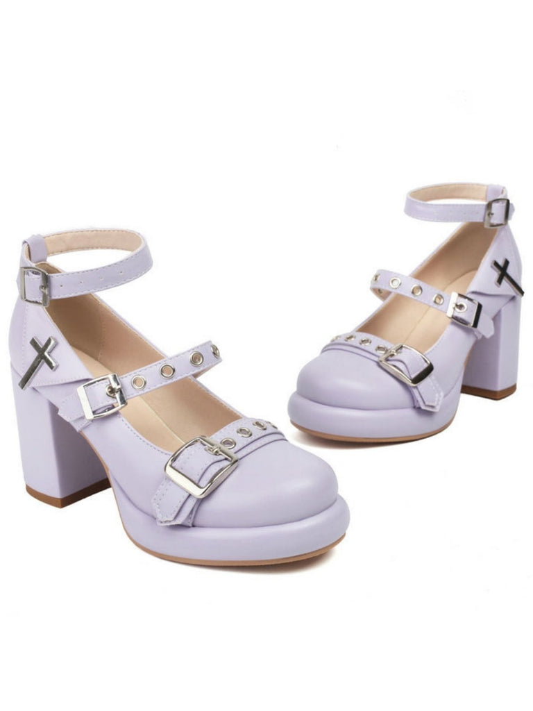 Punk Cross Buckle Ankle Strap Chunky High Heels - vintage shoes, retro heels
