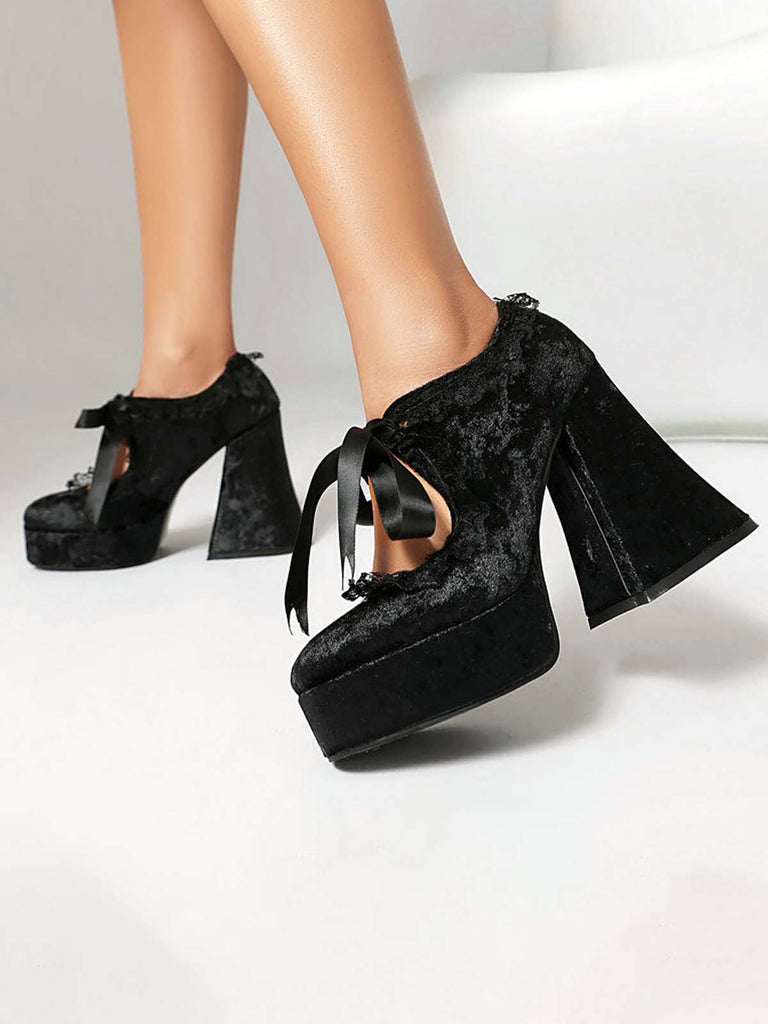Punk Velvet Lace Bow Chunky Heels - vintage shoes, retro heels