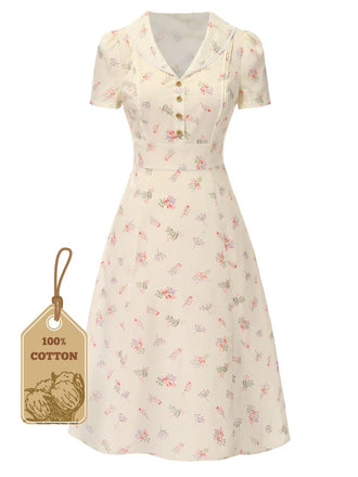 She slips into this Pure Cotton 1940s Puff Sleeves Floral Dress and suddenly it's a 1940s daydream