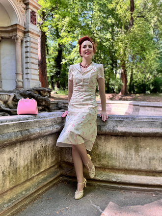 Pure Cotton Beige 1940s Puff Sleeves Floral Dress - vintage dress, retro fashion