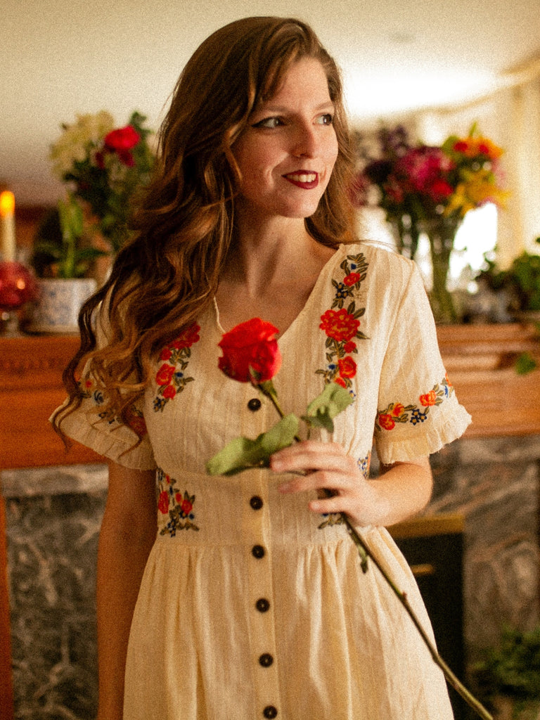 Pure Cotton Beige 1940s V-Neck Floral Dress: where 1940s romance meets her modern spirit