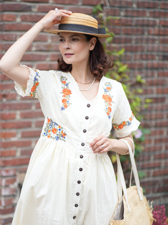 Pure Cotton Beige 1940s V-Neck Floral Dress - vintage dress, retro fashion